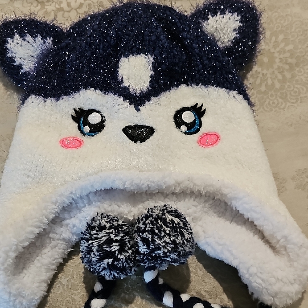 Justice Girls Fuzzy Husky Blue And White Hood Earflap Hat W/Pom Poms
